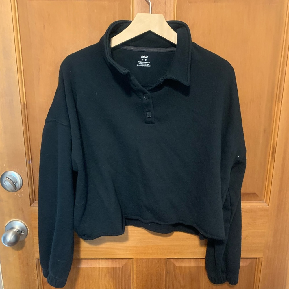 Aerie Black Cropped Long Sleeve Polo, Size Medium